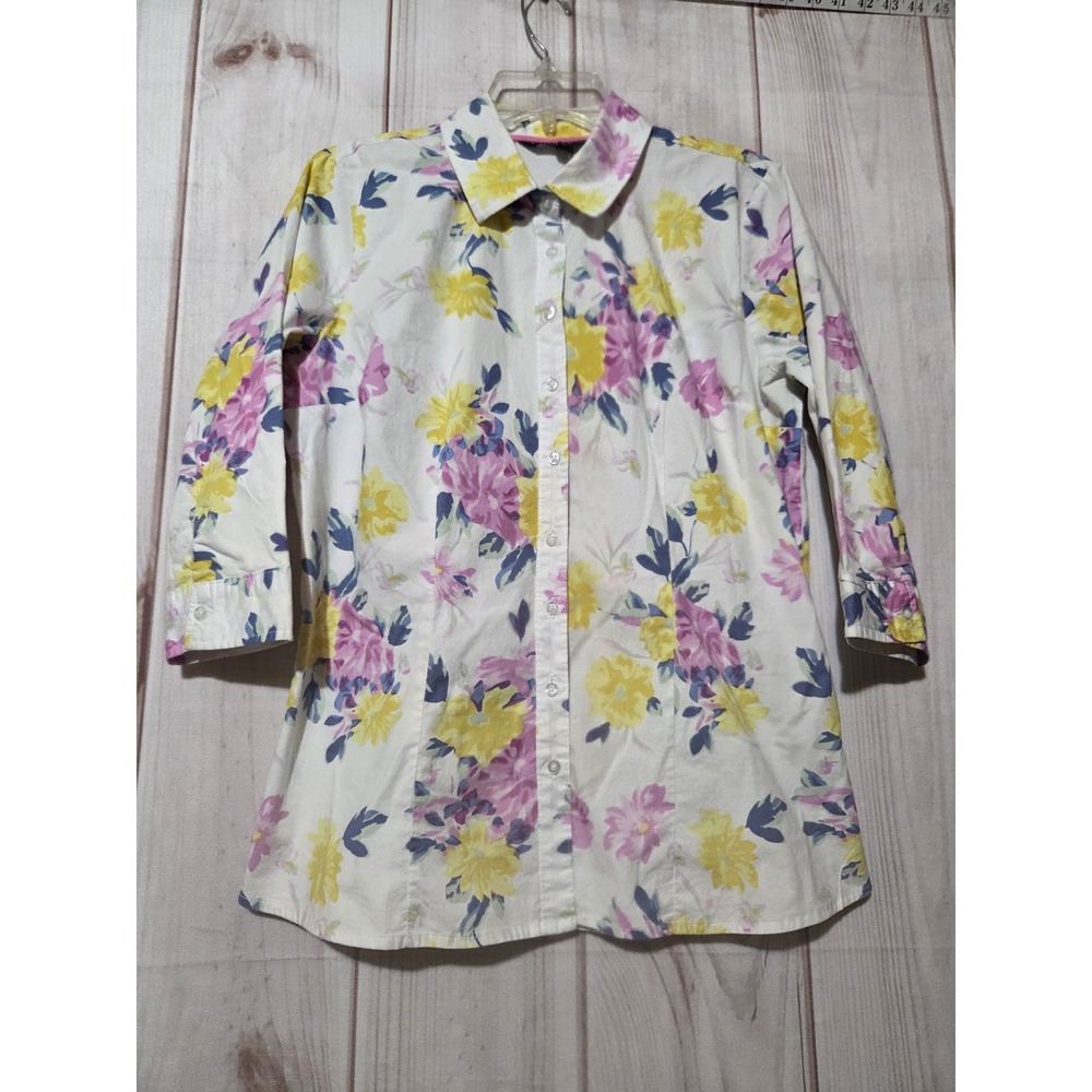 Chadwicks Womens Floral Button Down‎ Shirt Yellow Purple 3/4 Sleeve Size 10